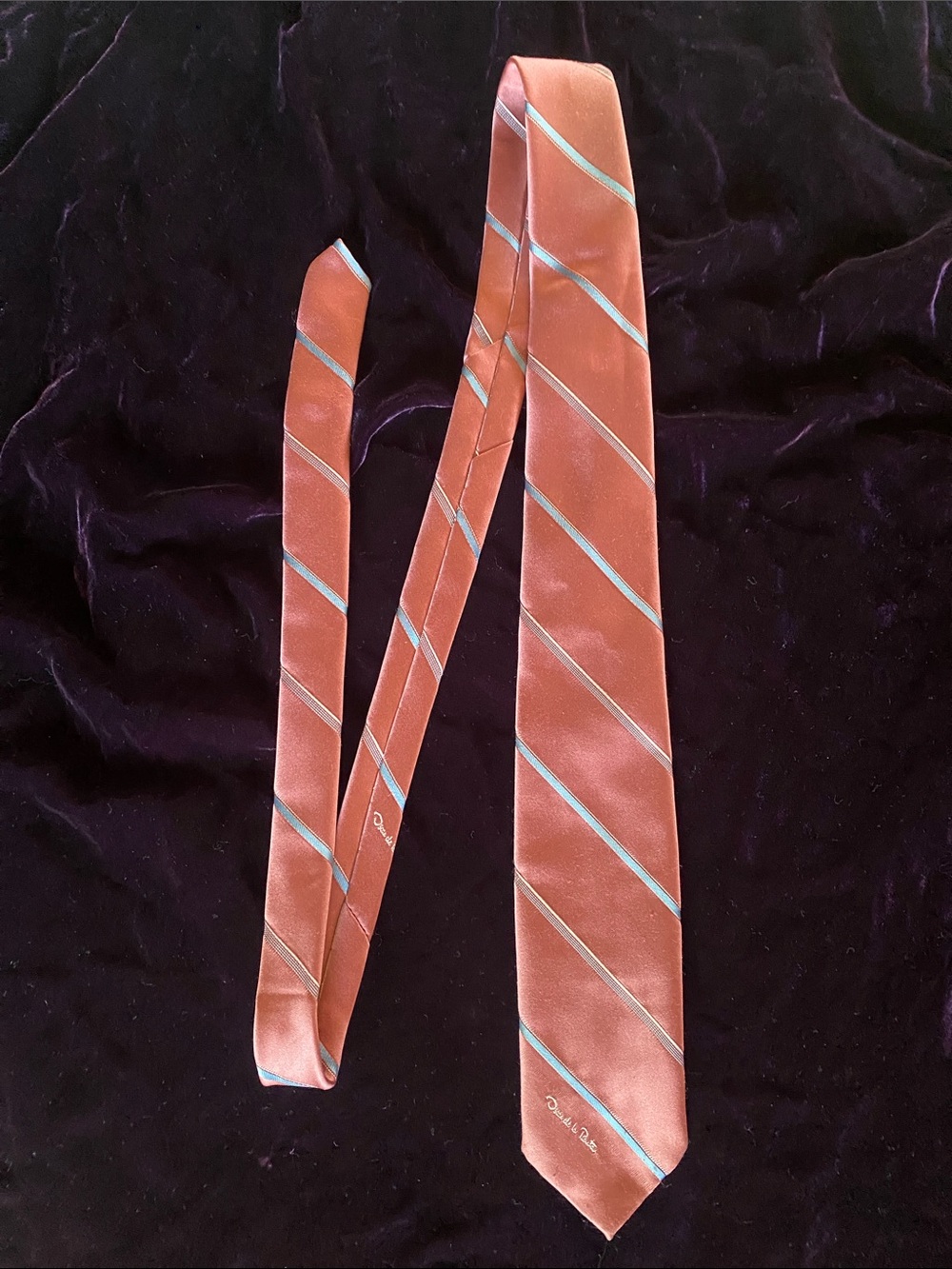 Oscar de la Renta Coral Tie with Light Blue Diagonal Stripes